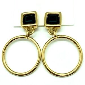 Vtg Givenchy Black & Gold Tone Door Knocker Hoop Earrings Faux French Jet 2.3 in